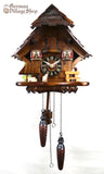 Cuckoo Clock Quartz - Stained Wood Chalet German Cuckoo Clock battery operated black forest chalet with red window shutters