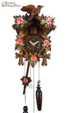 Cuckoo Clock Quartz - Traditional Hand Painted Pink Flowers German Cuckoo Clock battery operated with traditional cuckoo bird carvings and hand painting