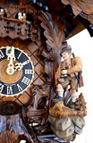 Cuckoo Clock Mechanical 8 Day - Hones Painted Traditional Hunters Hones hunting cuckoo clock with stag and Black Forest hunter. Fox hides from hunter