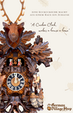 Cuckoo Clock Mechanical 8 Day - Hones Painted Traditional Hunters Hones hunting cuckoo clock with stag and Black Forest hunter. Fox hides from hunter