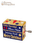 Music Box Mechanical - We Wish You A Merry Christmas (Blue and Gold) A rectangular music box with a silver hand crank extruding from the side. The box is navy blue with text on it. The text are names of Christmas Carols.