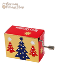 Music Box Mechanical - Silent Night (Gold Christmas Trees) A rectangular music box with a silver hand crank extruding out the side. The box is gold and red with Christmas trees on it. The side text says Merry Christmas.