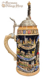 Beer Stein - Blue German Cities and Crests With Pewter Eagle 1L