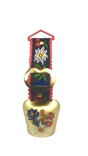 COW BELL - MATERIAL STRAP WITH 5.5CM GOLD BRASS BELL WITH ALPINE FLOWERS