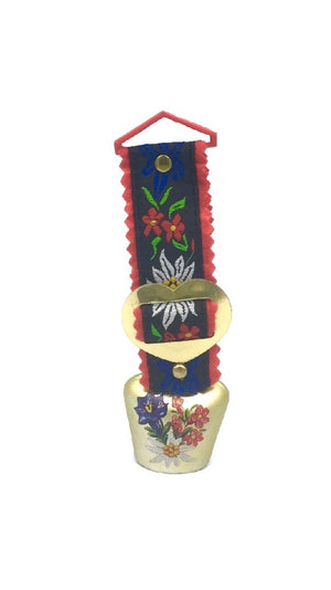 COW BELL - MATERIAL STRAP WITH 4CM HIGH GOLD  BELL WITH ALPINE FLOWERS