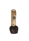 Alpine cowbell German cowbell genuine cow hide brass bell. tan and cream cow hide and rustic bell
