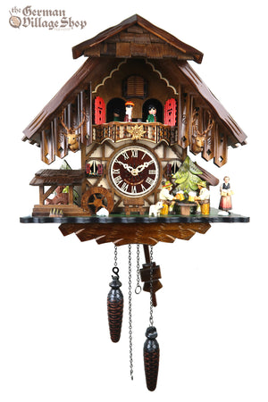 German Cuckoo Clock battery operated black forest chalet with moving beer drinkers and music