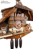 German Cuckoo Clock 8 day mechanical black forest chalet with moving wood saw mill and music