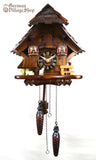 German Cuckoo Clock battery operated black forest chalet with red window shutters
