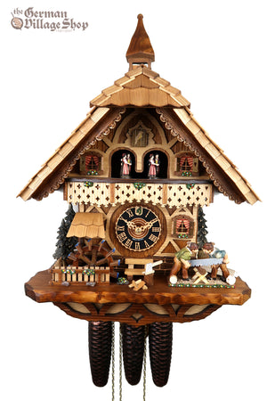 German Cuckoo Clock 8 day mechanical black forest chalet with moving wood sawyer men and music