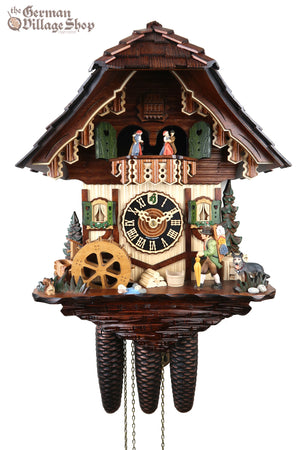 German Cuckoo Clock 8 day mechanical black forest chalet with clock peddler and music