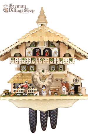 German Cuckoo Clock 8 day mechanical Hones chalet from the black forest with natural timber, alpine horn player and farmer milking cow