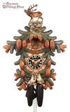 German Cuckoo Clock 8 day mechanical with stag and owl carvings with pine tree and pine cones