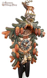 German Cuckoo Clock 8 day mechanical with stag and owl carvings with pine tree and pine cones