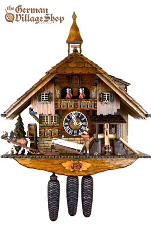 German Cuckoo Clock 8 day mechanical black forest chalet with music horse logging cart and mill