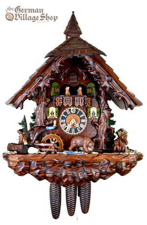 Black Forest Hones Cuckoo Clock. Forest Chalet with dark stained timber and bears with bear cubs