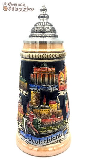 German beer stein with cobalt blue finish and German cities. Featured in The German Village Shop Hahndorf South Australia