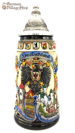 Traditional German beer stein featuring state crests, eagle and pewter lid. featured in The German Village Shop Hahndorf South Australia