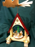 German wooden Christmas pyramid, Christmas decorations, Christmas pyramid with fan, spinning top, nativity pyramid