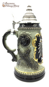 German Beer Stein 1/2 L Forest green and black with gold detailing and pewter lid and eagle