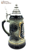 Traditional German beer stein with forest green and black finish, gold trim and pewter eagle. Featured in The German Village Shop Hahndorf South Australia