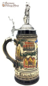 Traditional German beer stein with rustic finish and pewter knight lid featured in The German Village Shop Hahndorf South Australia
