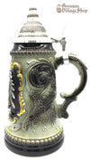 German Beer Stein 1/2 L Forest green and black with gold detailing and pewter lid and eagle, German beer stein, Beer mug, German stein made in Germany, western Germany clay stein, stein with pewter lid, collector beer steins