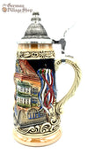 German beer stein with Oktoberfest fest scene and pewter lid. Featured in The German Village Shop Hahndorf South Australia