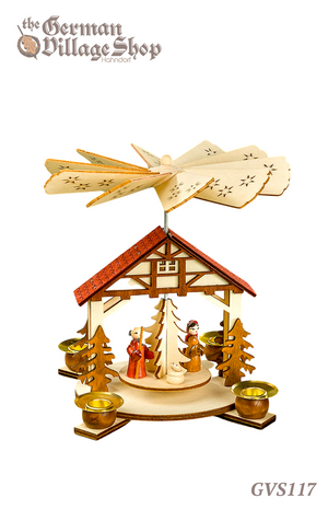 German wooden Christmas pyramid, Christmas decorations, Christmas pyramid with fan, spinning top, nativity pyramid
