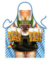 BBQ apron shows a woman clasping six 1 litre dimpled Octoberfest beer mugs and wearing a rather short dirndl and Oktoberfest necklace.