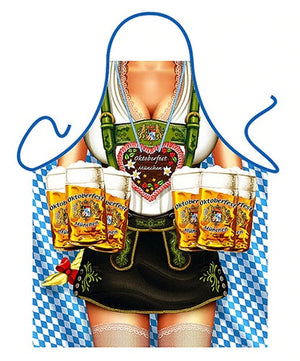 BBQ apron shows a woman clasping six 1 litre dimpled Octoberfest beer mugs and wearing a rather short dirndl and Oktoberfest necklace.