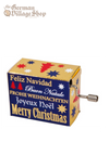 A rectangular music box with a silver hand crank extruding from the side. The box is navy blue with text on it. The text are names of Christmas Carols.